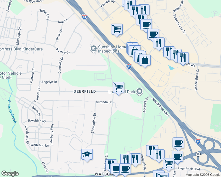 map of restaurants, bars, coffee shops, grocery stores, and more near 2279 Braxton Bragg Drive in Murfreesboro