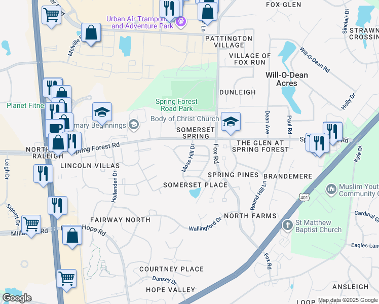 map of restaurants, bars, coffee shops, grocery stores, and more near 5401 Moss Hill Drive in Raleigh