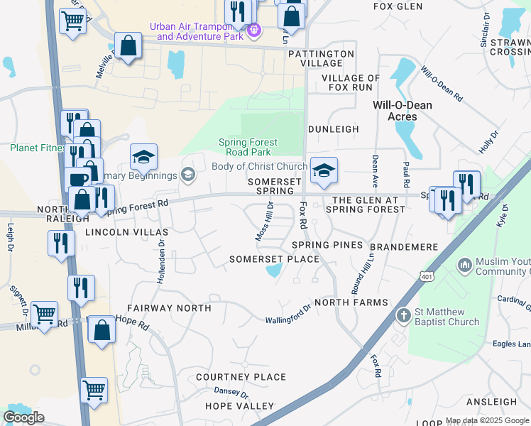 map of restaurants, bars, coffee shops, grocery stores, and more near 5401 Moss Hill Drive in Raleigh