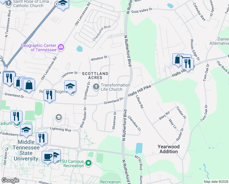 map of restaurants, bars, coffee shops, grocery stores, and more near 1006 Glasgow Drive in Murfreesboro