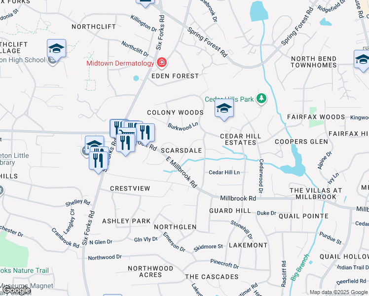 map of restaurants, bars, coffee shops, grocery stores, and more near 5531 Newberry Drive in Raleigh