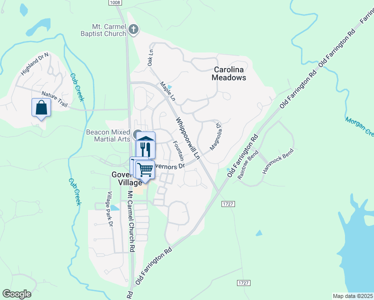 map of restaurants, bars, coffee shops, grocery stores, and more near 20000 Fountain in Chapel Hill