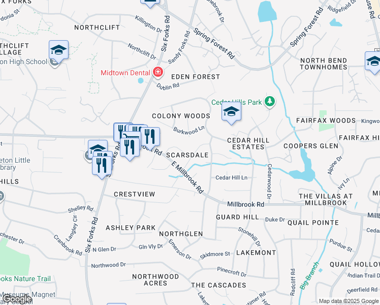 map of restaurants, bars, coffee shops, grocery stores, and more near 5531 Newberry Drive in Raleigh
