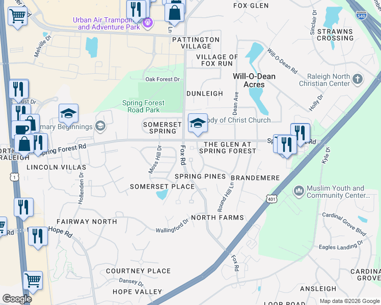 map of restaurants, bars, coffee shops, grocery stores, and more near 5601 Spring Pines Way in Raleigh