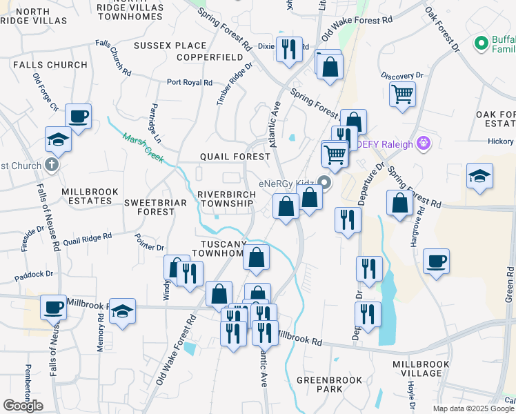 map of restaurants, bars, coffee shops, grocery stores, and more near 5508 Old Wake Forest Road in Raleigh