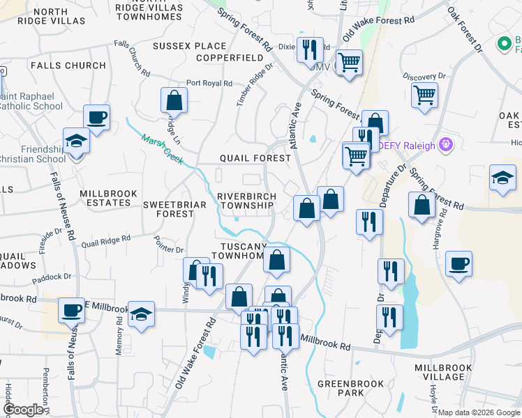 map of restaurants, bars, coffee shops, grocery stores, and more near 5401 Old Wake Forest Road in Raleigh