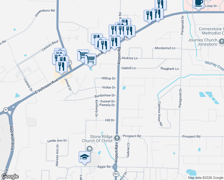map of restaurants, bars, coffee shops, grocery stores, and more near 3907 Burdyshaw Drive in Jonesboro