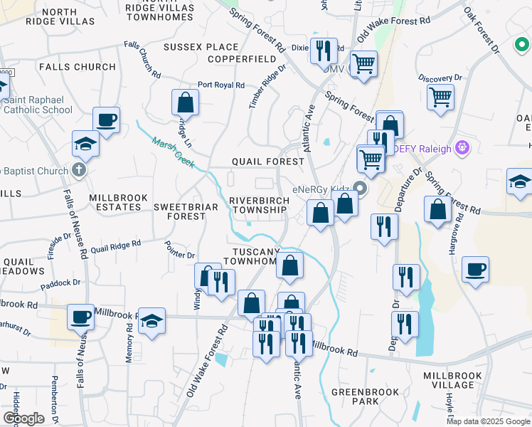 map of restaurants, bars, coffee shops, grocery stores, and more near 5621 Bridgetowne Way in Raleigh