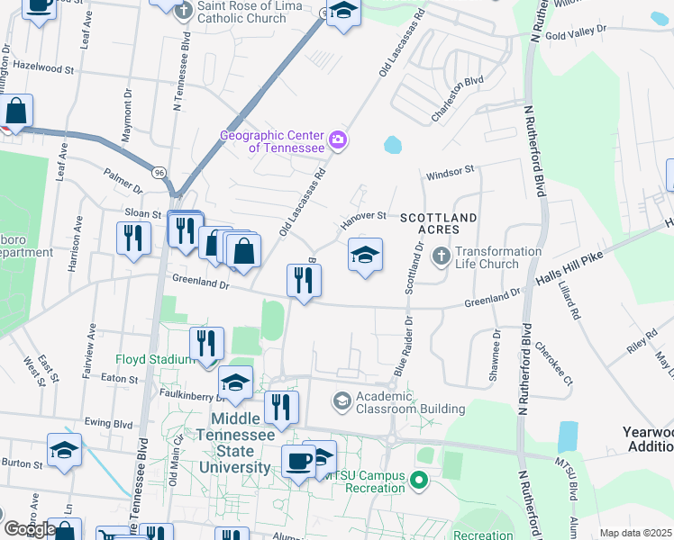 map of restaurants, bars, coffee shops, grocery stores, and more near 910 Brown Drive in Murfreesboro