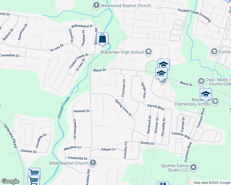map of restaurants, bars, coffee shops, grocery stores, and more near 707 Willow Cove Drive in Murfreesboro