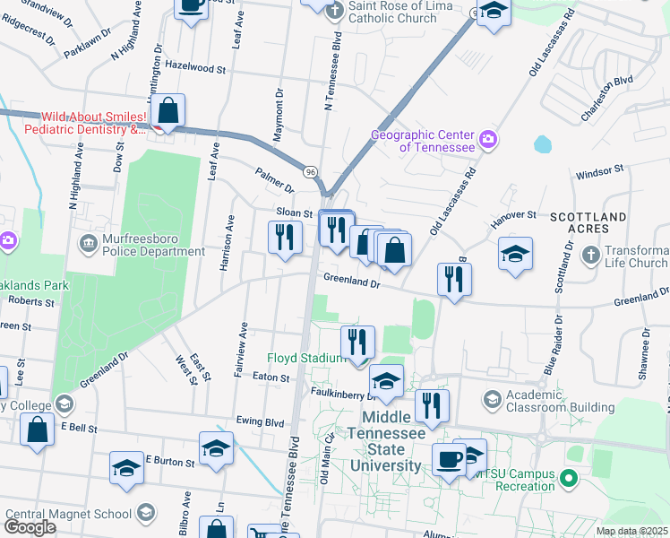 map of restaurants, bars, coffee shops, grocery stores, and more near 2739 Middle Tennessee Boulevard in Murfreesboro