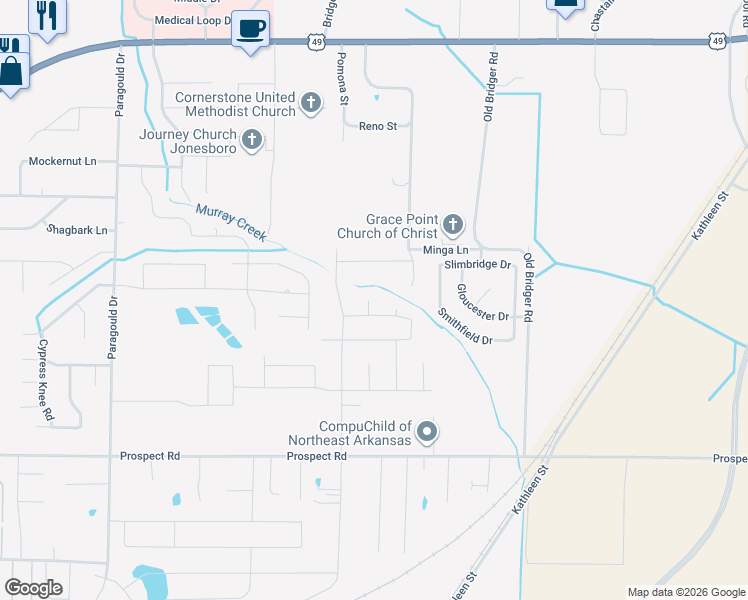 map of restaurants, bars, coffee shops, grocery stores, and more near 5301 Minga Lane in Jonesboro