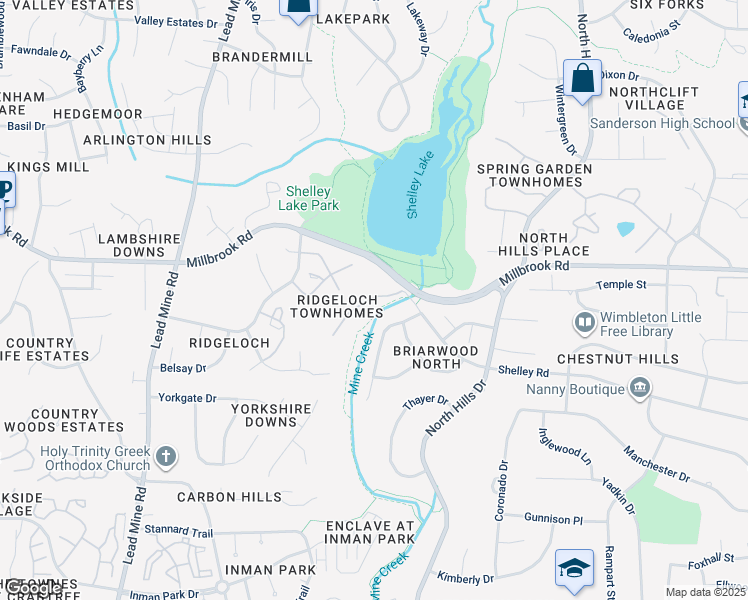 map of restaurants, bars, coffee shops, grocery stores, and more near 5764 Forest Lawn Court in Raleigh