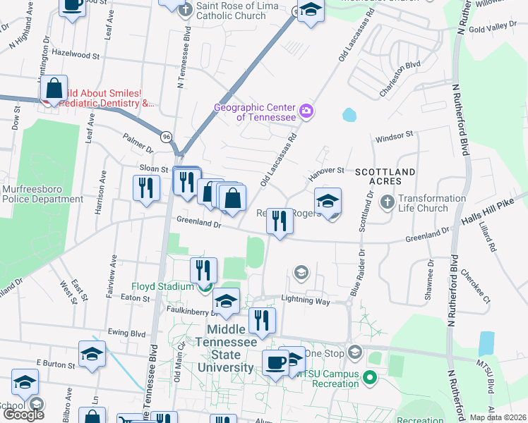 map of restaurants, bars, coffee shops, grocery stores, and more near 1134 Old Lascassas Road in Murfreesboro