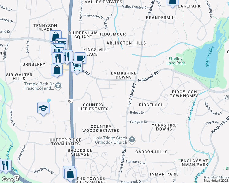 map of restaurants, bars, coffee shops, grocery stores, and more near 2513 Shadow Hills Court in Raleigh