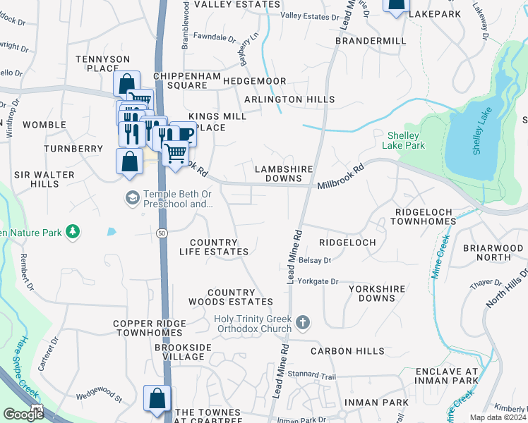 map of restaurants, bars, coffee shops, grocery stores, and more near 2513 Shadow Hills Court in Raleigh