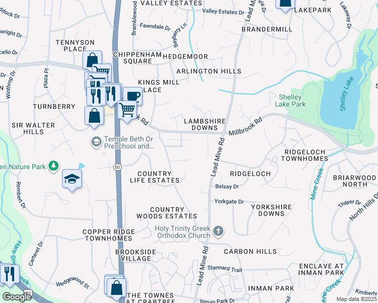 map of restaurants, bars, coffee shops, grocery stores, and more near 2513 Shadow Hills Court in Raleigh