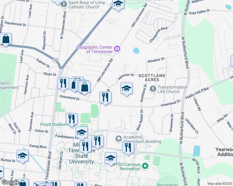 map of restaurants, bars, coffee shops, grocery stores, and more near 910 Brown Drive in Murfreesboro