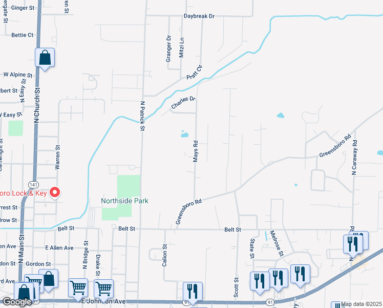 map of restaurants, bars, coffee shops, grocery stores, and more near 1001 Mays Road in Jonesboro