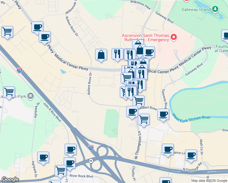map of restaurants, bars, coffee shops, grocery stores, and more near 2107 Lothric Way in Murfreesboro
