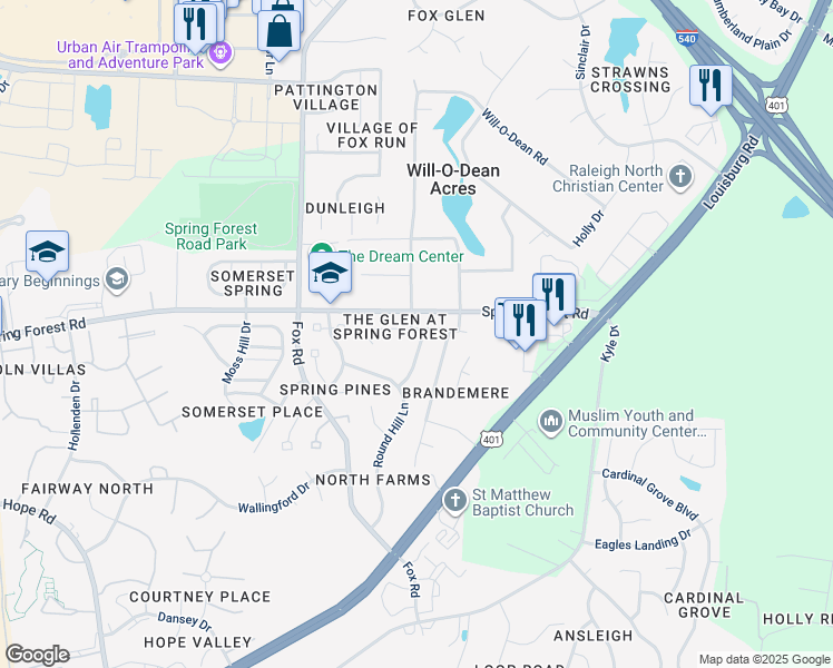 map of restaurants, bars, coffee shops, grocery stores, and more near 5810 Spring Glen Lane in Raleigh