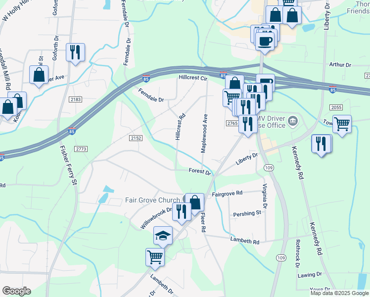 map of restaurants, bars, coffee shops, grocery stores, and more near 118 Hillcrest Road in Thomasville