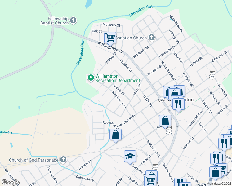 map of restaurants, bars, coffee shops, grocery stores, and more near 711 Hyman Street in Williamston