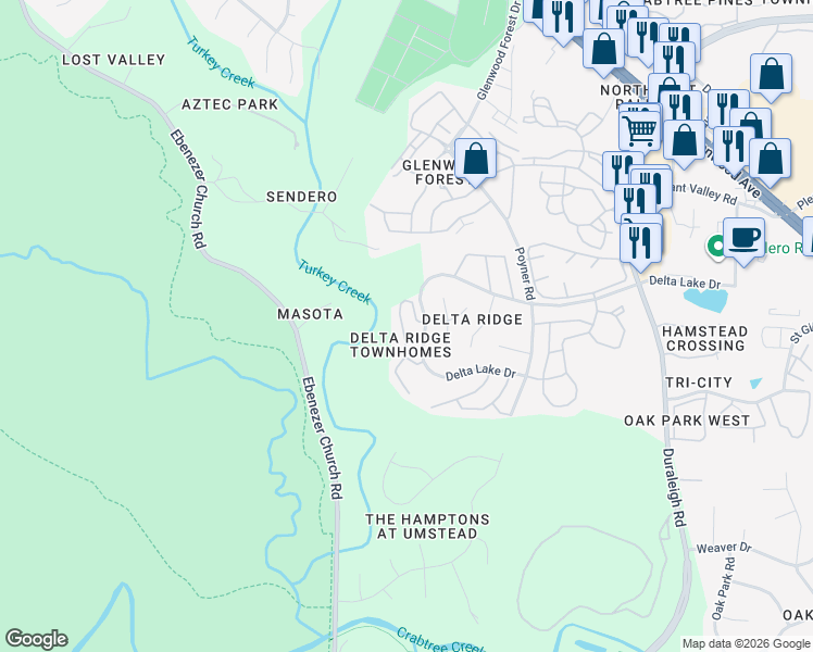 map of restaurants, bars, coffee shops, grocery stores, and more near 5101 Echo Ridge Road in Raleigh