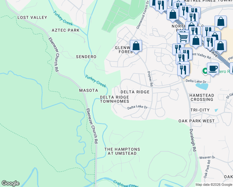 map of restaurants, bars, coffee shops, grocery stores, and more near 5101 Echo Ridge Road in Raleigh