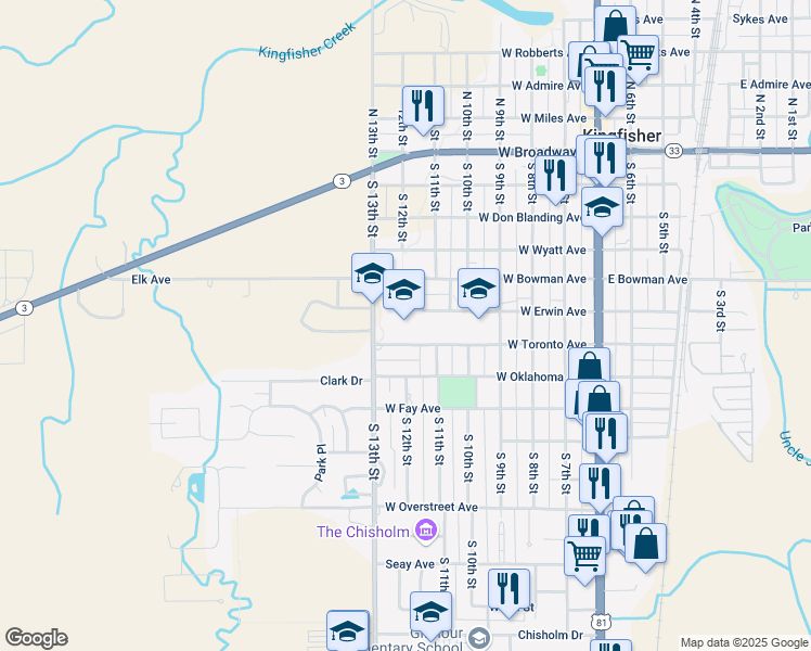 map of restaurants, bars, coffee shops, grocery stores, and more near 601 South 13th Street in Kingfisher
