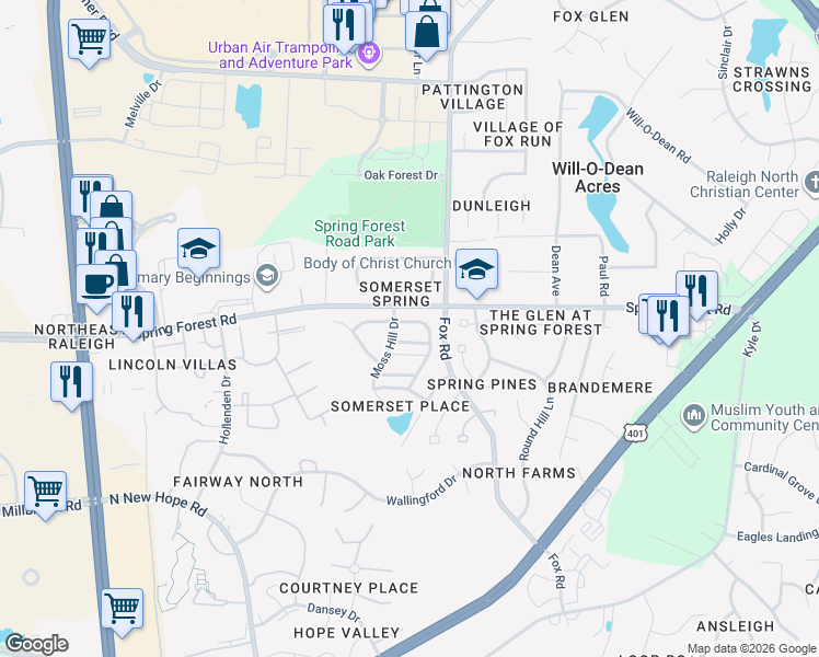 map of restaurants, bars, coffee shops, grocery stores, and more near 5500 Moss Hill Drive in Raleigh
