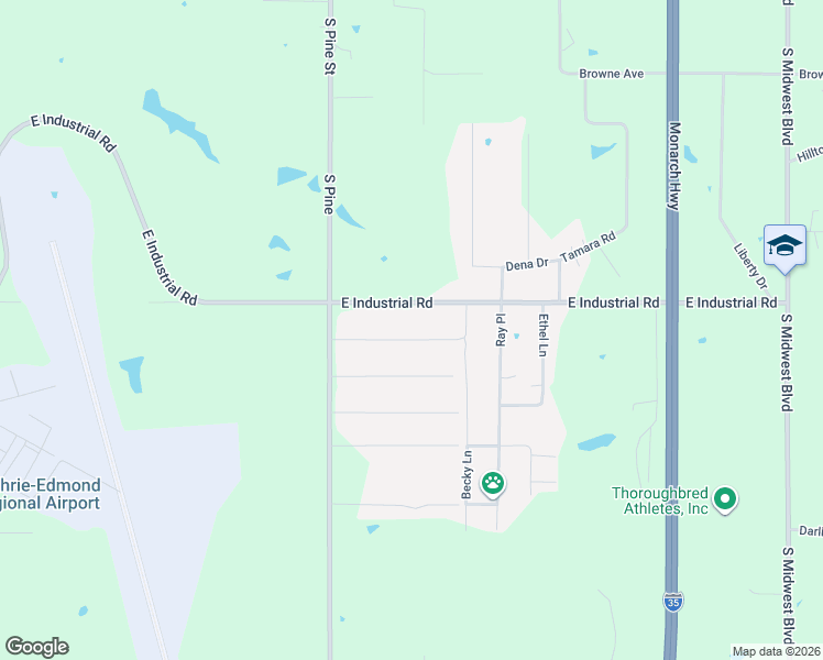 map of restaurants, bars, coffee shops, grocery stores, and more near 2005 East Industrial Road in Guthrie