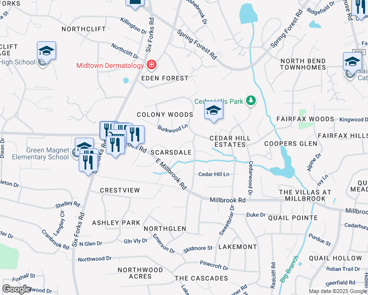 map of restaurants, bars, coffee shops, grocery stores, and more near 5612 Farley Drive in Raleigh