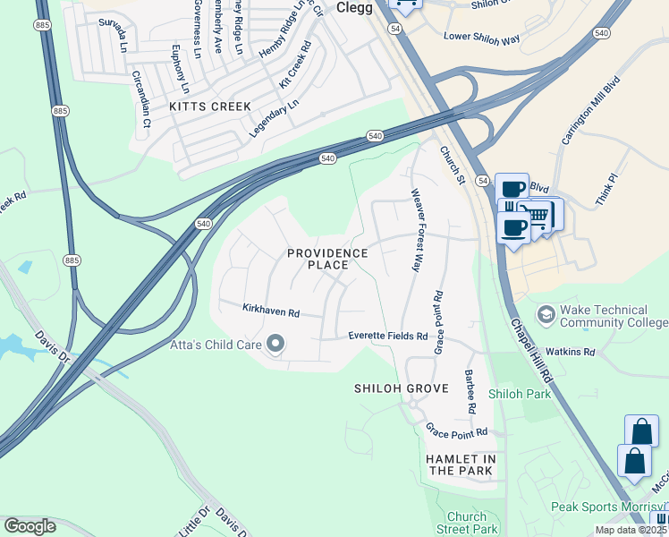 map of restaurants, bars, coffee shops, grocery stores, and more near 912 Jewel Stone Lane in Morrisville