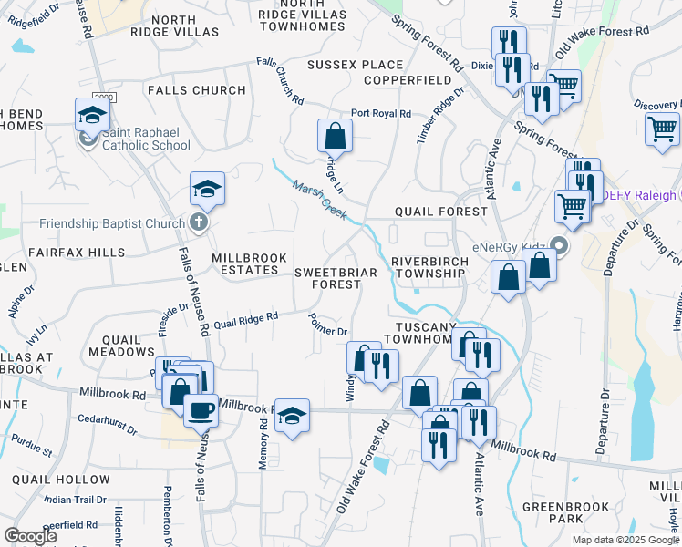 map of restaurants, bars, coffee shops, grocery stores, and more near 1770 Quail Ridge Road in Raleigh