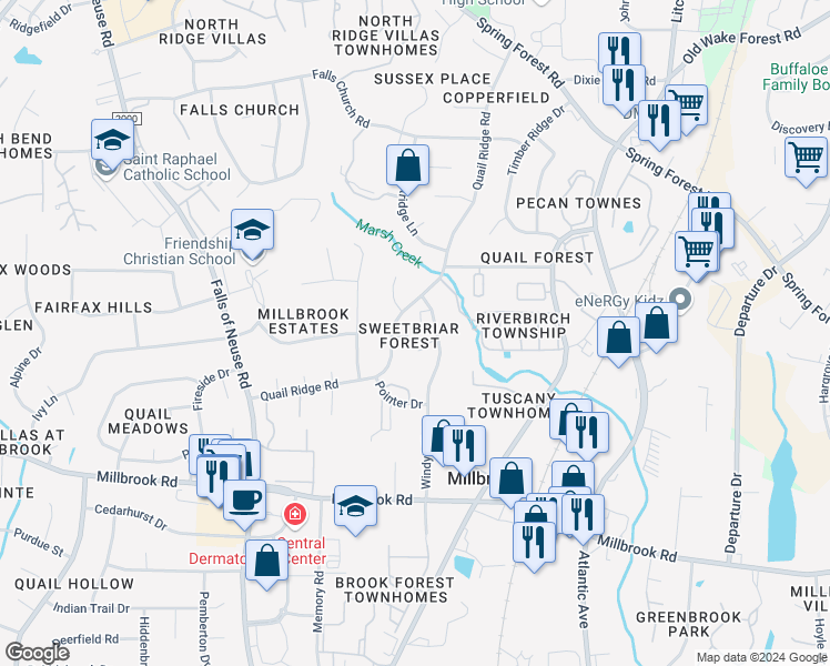 map of restaurants, bars, coffee shops, grocery stores, and more near 1770 Quail Ridge Road in Raleigh