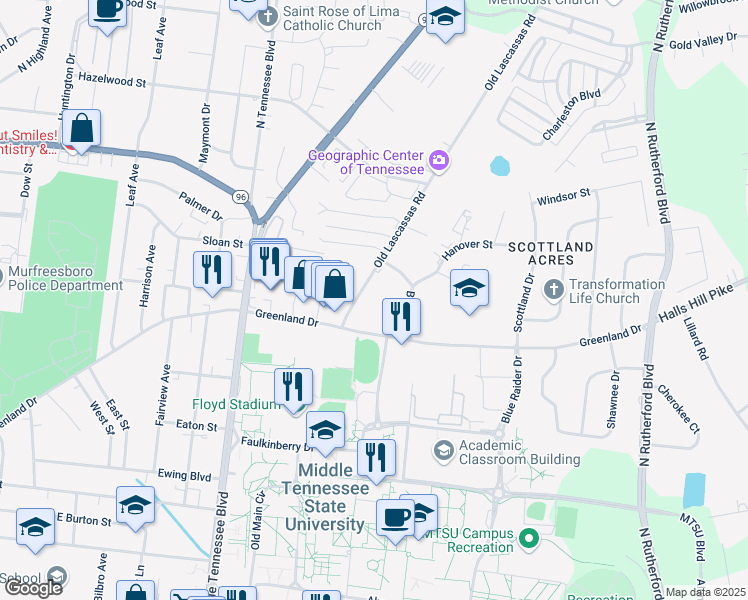 map of restaurants, bars, coffee shops, grocery stores, and more near 1015 Old Lascassas Road in Murfreesboro