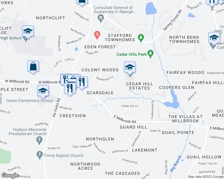 map of restaurants, bars, coffee shops, grocery stores, and more near 5612 Farley Drive in Raleigh