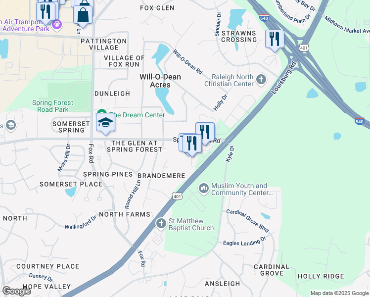 map of restaurants, bars, coffee shops, grocery stores, and more near 4913 Spring Forest Road in Raleigh