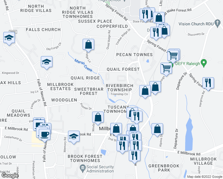 map of restaurants, bars, coffee shops, grocery stores, and more near 1906 Township Circle in Raleigh