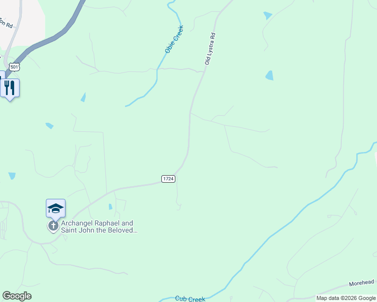 map of restaurants, bars, coffee shops, grocery stores, and more near 1366 Old Lystra Road in Chapel Hill