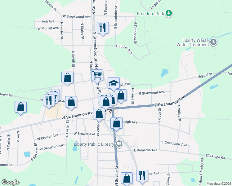map of restaurants, bars, coffee shops, grocery stores, and more near 114E East Highfill Avenue in Liberty