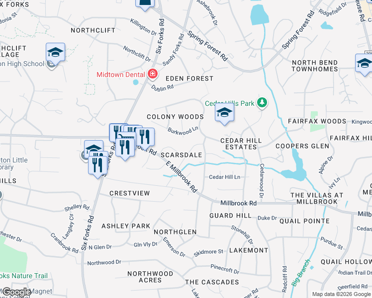 map of restaurants, bars, coffee shops, grocery stores, and more near 5605 Farley Drive in Raleigh