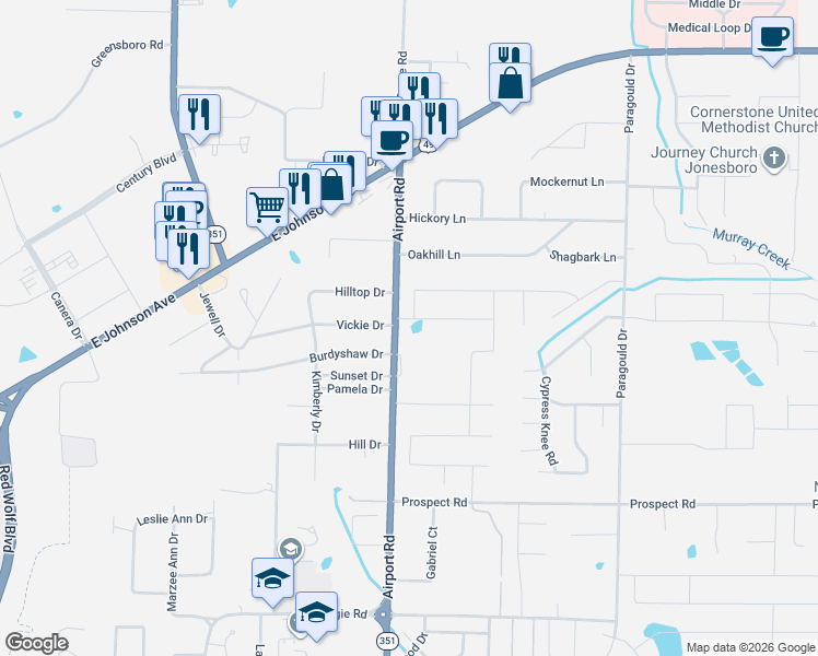 map of restaurants, bars, coffee shops, grocery stores, and more near 1211 Airport Road in Jonesboro
