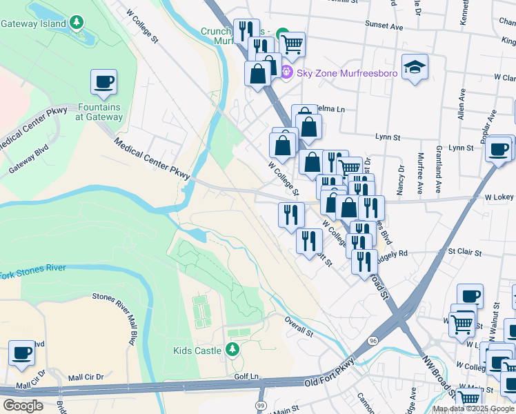 map of restaurants, bars, coffee shops, grocery stores, and more near 1077-1299 Medical Center Parkway in Murfreesboro