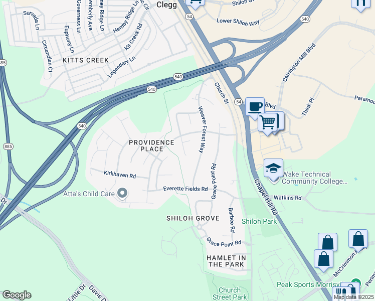 map of restaurants, bars, coffee shops, grocery stores, and more near 1912 Jadewood Drive in Morrisville