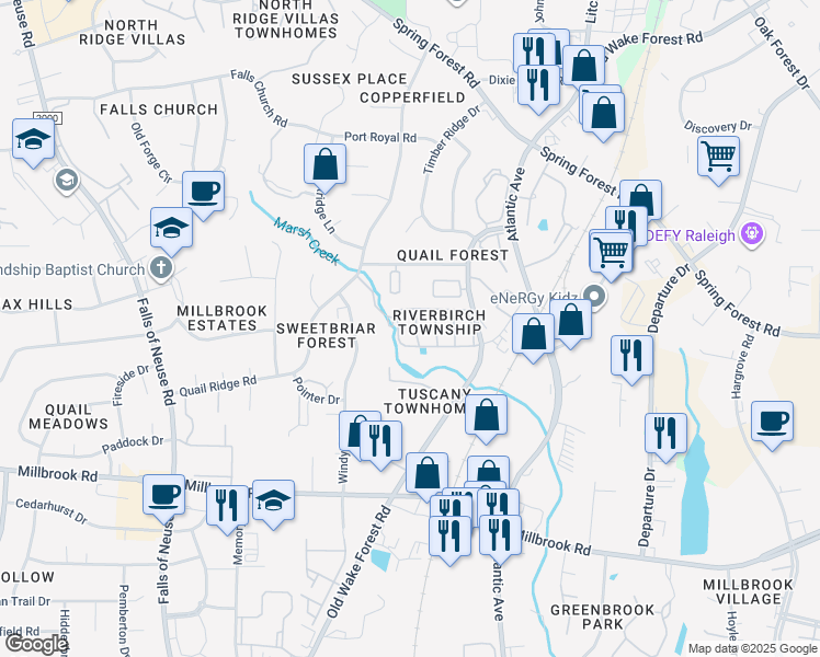 map of restaurants, bars, coffee shops, grocery stores, and more near 1906 Township Circle in Raleigh