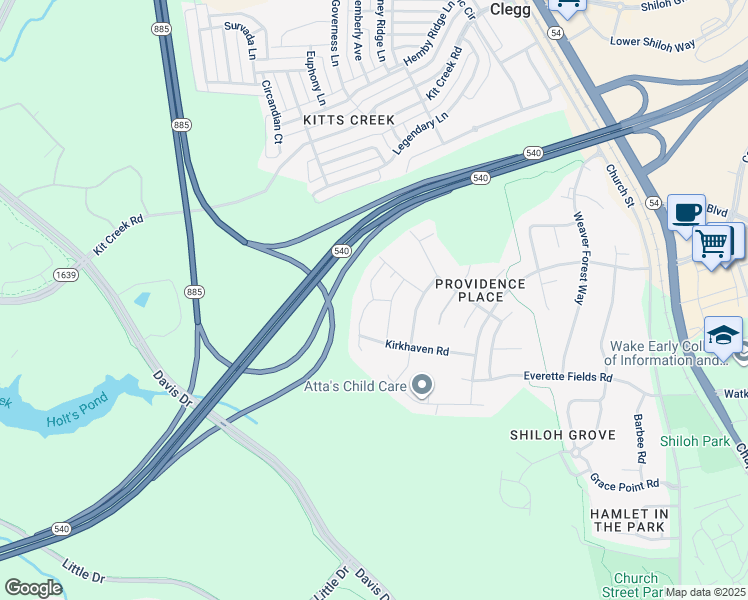 map of restaurants, bars, coffee shops, grocery stores, and more near 2014 Junewood Lane in Morrisville