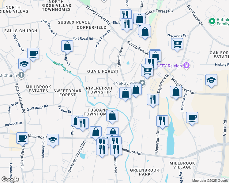 map of restaurants, bars, coffee shops, grocery stores, and more near 5514 Forest Oaks Drive in Raleigh