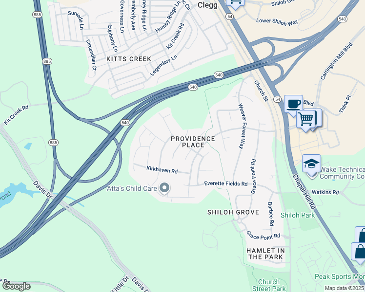 map of restaurants, bars, coffee shops, grocery stores, and more near 3001 Homebrook Lane in Morrisville